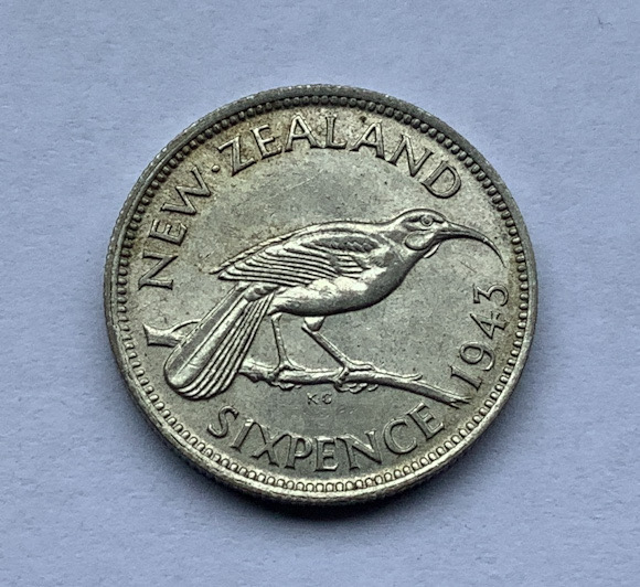 1943 higher grade New Zealand Sixpence coin .500 silver